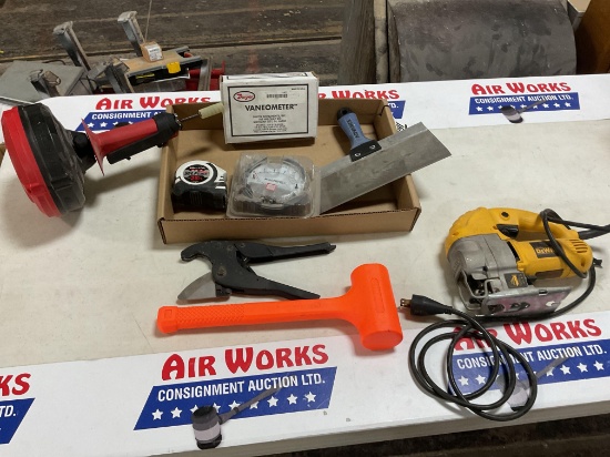 Dewalt Jig Saw, Mallet, PVC Pipe Cutter, Drain Snake, Dwyer Vaneometer, Tape Measure, Troll