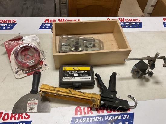 Shop Tools Including Diablo Hole Saw, Roto-Kut Cutter Set, Caulking Gun & Magnetic Base Holder