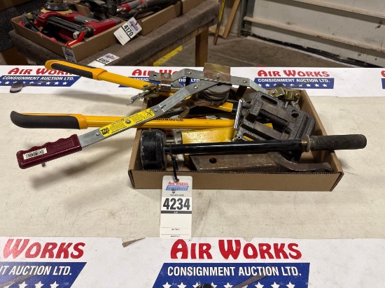 Box Lot, Small Vise, Pruner, Cable Puller, Shrink Wrapper Handle