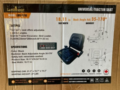 New Unused LandHonor Universal Tractor Seat with Adjustable Backrest & Seat Belt, Model LHR-TS18