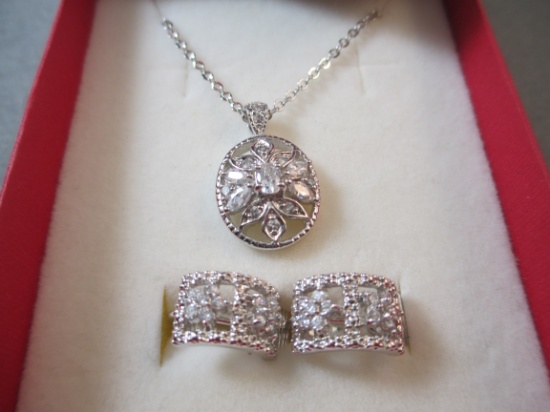 Rhodium Plated CZ Necklace and Earring Set in Box