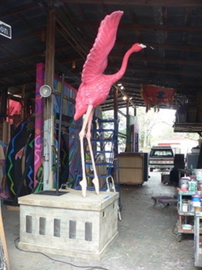 Flamingo Dancer 3D, coated foam body and wings, metal legs, measuring 9'H