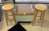 2 - Wooden Stools and 1 - Single Person Padded Bench Seat