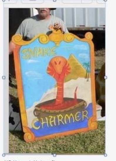 Snake Charmer Sign, measuring 3'H, flat painted luan