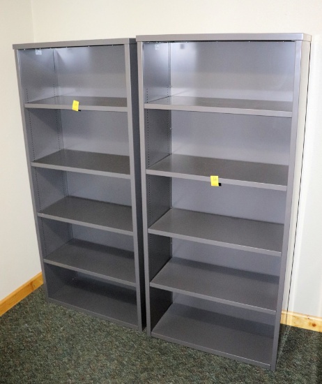 2 Metal Bookshelves 29.5" x 13" x 66.5", X $