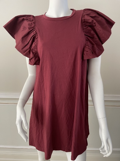 Tunic Dress with Puff Sleeves, Color: Burgundy, Size Medium
