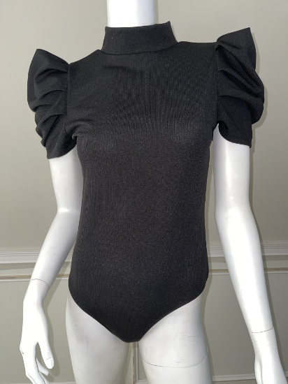 Black Body Suit Top with Puff Sleeve, Size: Large