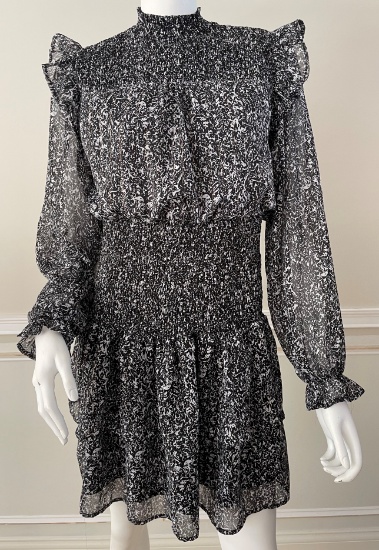 Roldin Printed Smocked Dress, Color: Black Print, Size: Large, Retails: $76.00