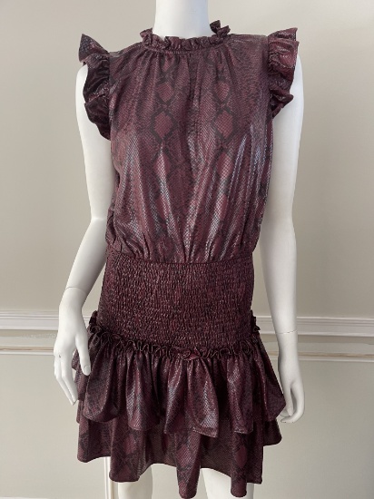 Burgundy Snake Print Smocked Waist Dress, Ruffle Sleeve, Color: Burgundy, Size: Medium