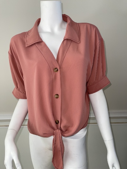 Jonah Tie Front Short Sleeve Blouse, Color: Dusty Pink, Size L, Retails: $43.00