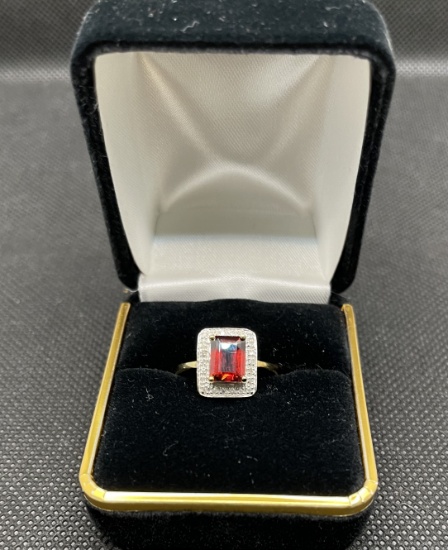 Garnet and Diamond Ring, 10K Yellow Gold , Size 6.0