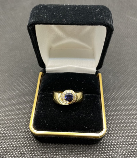 Iolite and Diamond Ring 14K Yellow Gold, Size 7.0