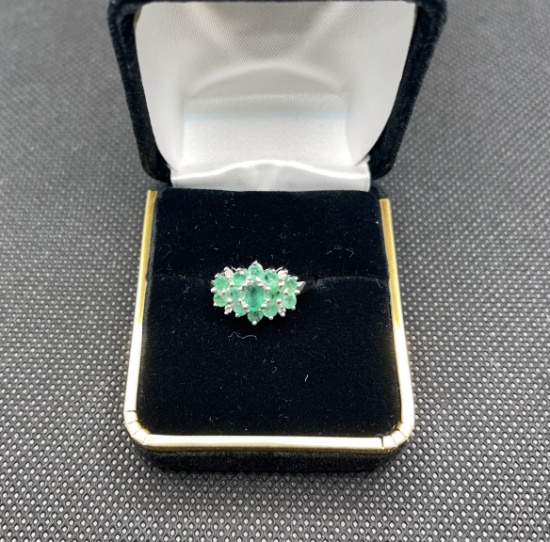 Emerald and Diamond Ring, 14K White Gold, Size 7.0