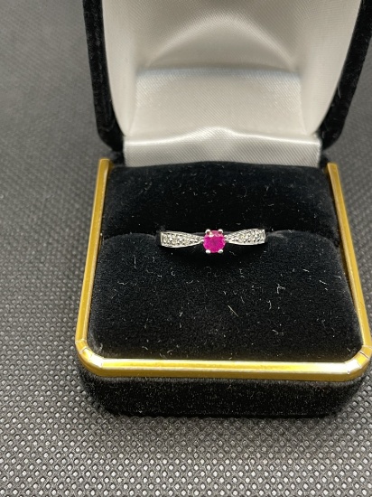 Ruby and Diamond Ring 18K White Gold, Size 6.75