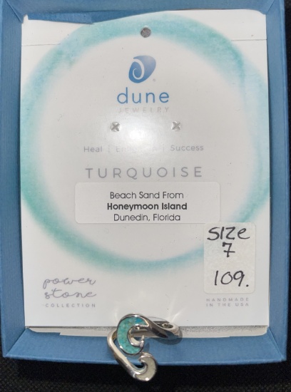 Dune Jewelry Turquoise Ring with Beach Sand from Honeymoon Island Florida, Size 7 (Handmade in the U