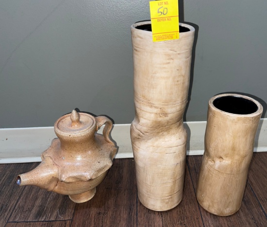 2 VASES AND 1 TEAPOT DÉCOR (TALL VASE 14", SMALL VASE 9")