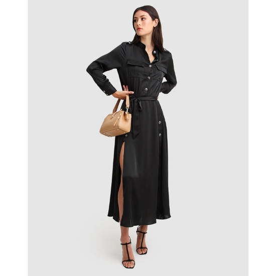 Button front long sleeve dress with front leg slits, (size L), Color: Black