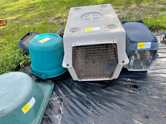 LOT OF ANIMAL CRATES AND PLASTIC BUCKETS