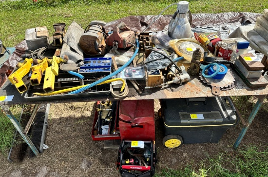 LOT OF ASSORTED TOOLS, HOIST, 2 TOOL BOXES