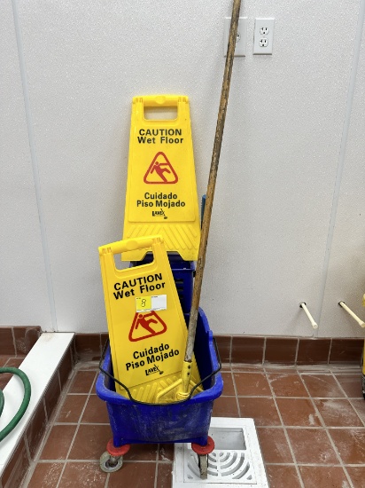 BLUE MOP BUCKET WITH WRINGER AND 2 "WET FLOOR" SIGNS