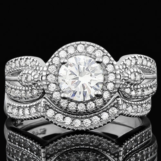 SPARKLING! 1 3/5 CARAT (41 PCS) FLAWLESS CREATED DIAMOND 925 STERLING SILVER HALO ENGAGEMENT RING