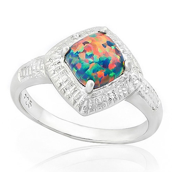 PRECIOUS ! 3/5 CARAT CREATED BLACK FIRE OPAL & DIAMOND 925 STERLING SILVER RING