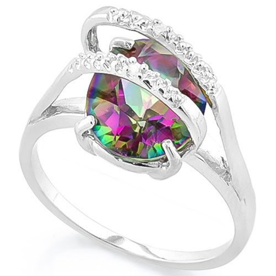 ALLURING ! 3 1/5 CARAT MYSTIC GEMSTONE & DIAMOND 925 STERLING SILVER RING