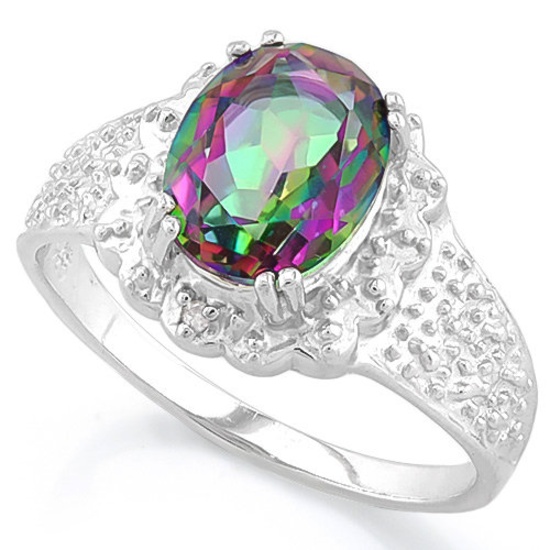 MARVELOUS ! 1 4/5 CARAT MYSTIC GEMSTONE & DIAMOND 925 STERLING SILVER RING