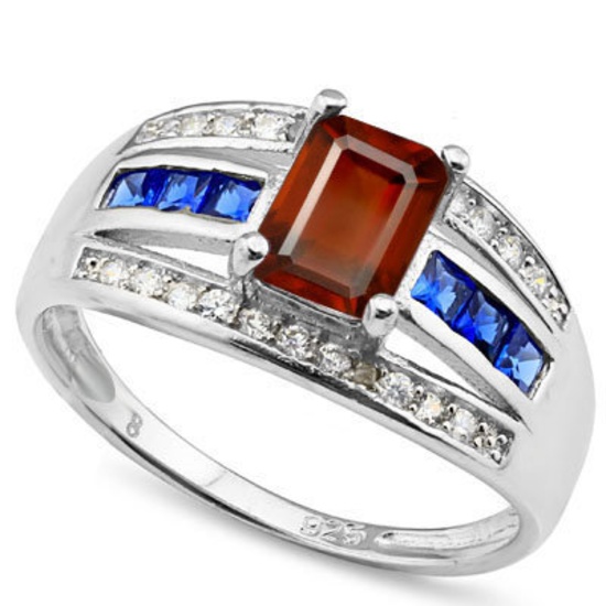 SPARKLING ! 1 1/3 CARAT GARNET & 1 CARAT (26 PCS) CREATED BLUE SAPPHIRE 925 STERLING SILVER RING