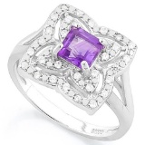 SPARKLING ! 3/5 CARAT AMETHYST & (32 PCS) FLAWLESS CREATED DIAMOND 925 STERLING SILVER RING