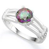 BEAUTIFUL ! 1 1/3 CARAT MYSTIC GEMSTONE & (20 PCS) FLAWLESS CREATED DIAMOND 925 STERLING SILVER RING