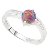 SPECTACULAR ! 2/5 CARAT CREATED BLACK OPAL & DIAMOND 925 STERLING SILVER RING