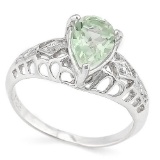 WHOPPING 1 1/5 CARAT GREEN AMETHYST & DIAMOND 925 STERLING SILVER RING