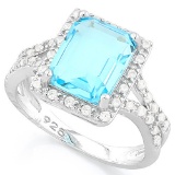 GLAMOROUS ! 4 CARAT CREATED BLUE TOPAZ & 3 4/5 CARAT (38 PCS) FLAWLESS CREATED DIAMOND 925 STERLING