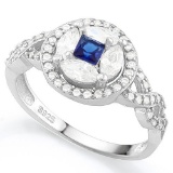 AWESOME ! CREATED BLUE SAPPHIRE 925 STERLING SILVER HALO RING