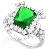 DAZZLING ! 4 CARAT CREATED EMERALD & 4 CARAT (40 PCS) FLAWLESS CREATED DIAMOND 925 STERLING SILVER H