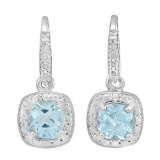 MAGNIFICENT ! 1 1/3 CARAT BABY SWISS BLUE TOPAZ & DIAMOND 925 STERLING SILVER EARRINGS