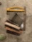 WHEEL BLOCK, BROOM HEADS, AND ASSORTED TOOLS