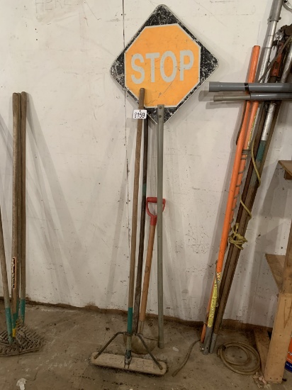 STOP SIGN AND ASSORTED GARDENING TOOLS
