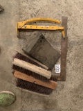 WHEEL BLOCK, BROOM HEADS, AND ASSORTED TOOLS