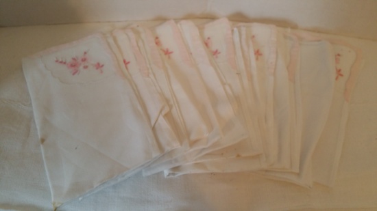 Lot of 11 Cotton tea napkins with embroidered pink flowers