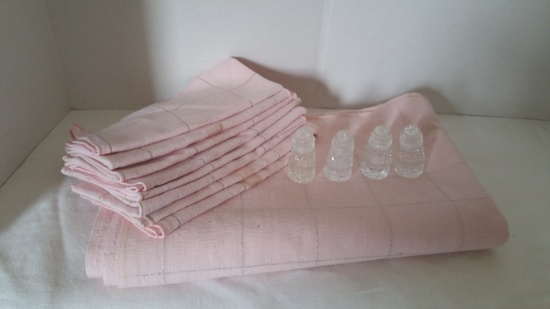 Pink with Silver thread Linen tablecloth, Napkins and two salt and pepper sets.
