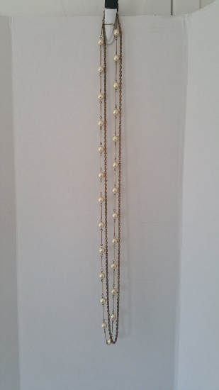 52" Pearl And Gold Tone Necklace