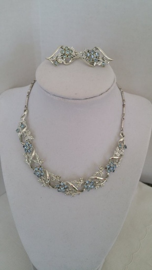 Coro Blue Rhinestone Necklace And Earring Suite