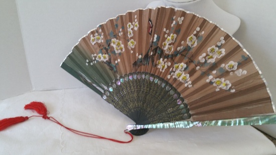 Mother Of Pearl And Silk Japan Fan With Painted Floral Scene