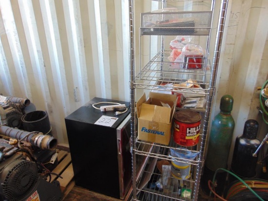 Shelf w/Assorted Shop Items & Refrigerator, Located in Thomas Ok