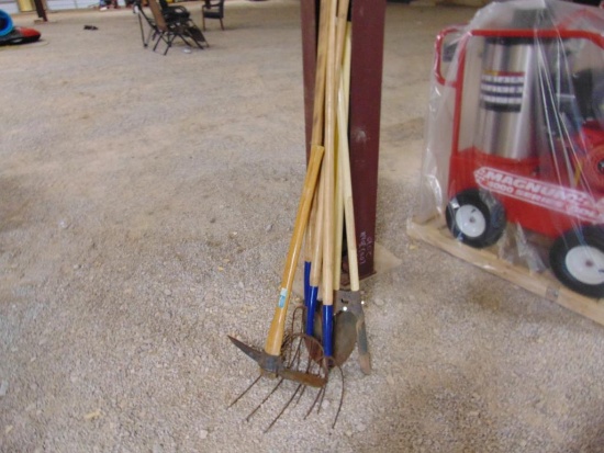 (2) Pitch Forks, Shovel, Posthole Digger and Pick Axe