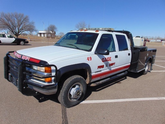 1997 Chevy 3500 4x4 Crewcab Fire Truck, s/n 1gchk33j3wf009347, v8 gas eng, auto trans, od reads