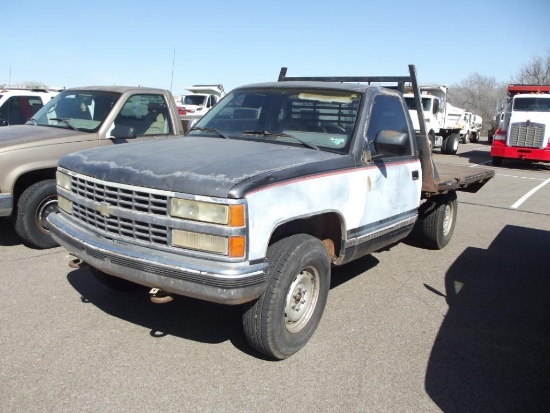 1992 Chevy K1500 4x4 Flatbed Pickup, s/n...1gcek14k8nz176671, v8 gas eng, auto trans, od reads 22232