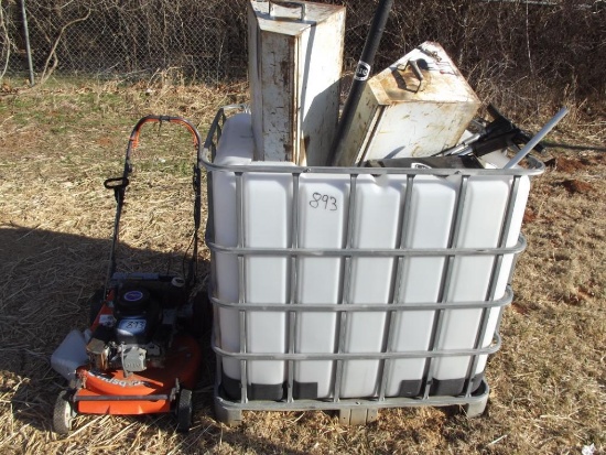 Bin of assorted shop items & push mower